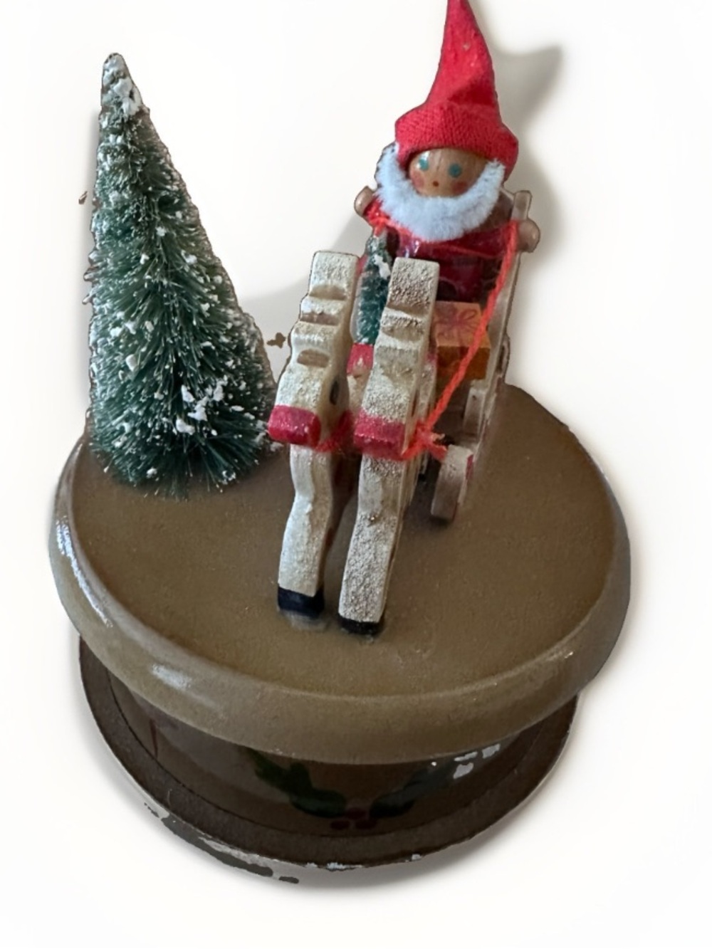 VINTAGE HAND CRAFTED Wood Music Box  Bottle Brush Tree & Wood Sleigh ORG BOX